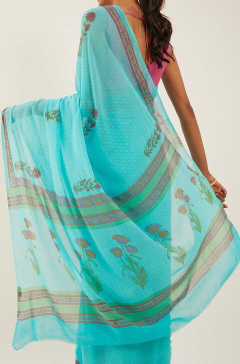 Blue Viscose Georgette Printed Saree