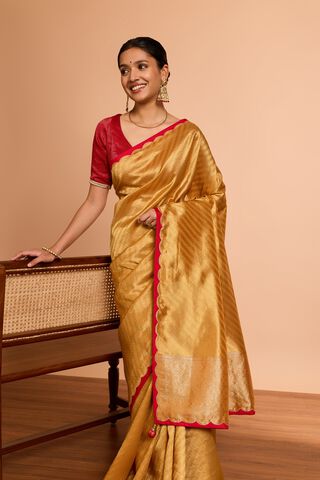 Yellow  Viscose Tissue Woven Saree