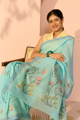 Blue Bengal Pure Cotton Kantha Embroidered Saree image number