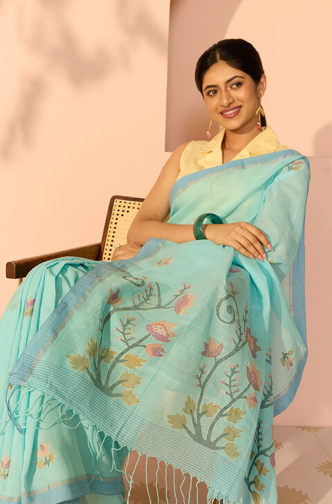 Blue Bengal Pure Cotton Kantha Embroidered Saree