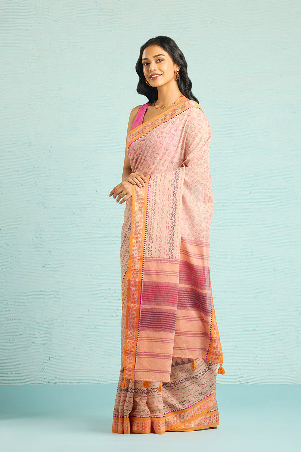 Orange Pure Cotton Block Printed Bengal Saree image number null