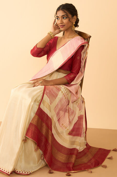 Off White Pure Tissue Organza Printed Embroidery Saree