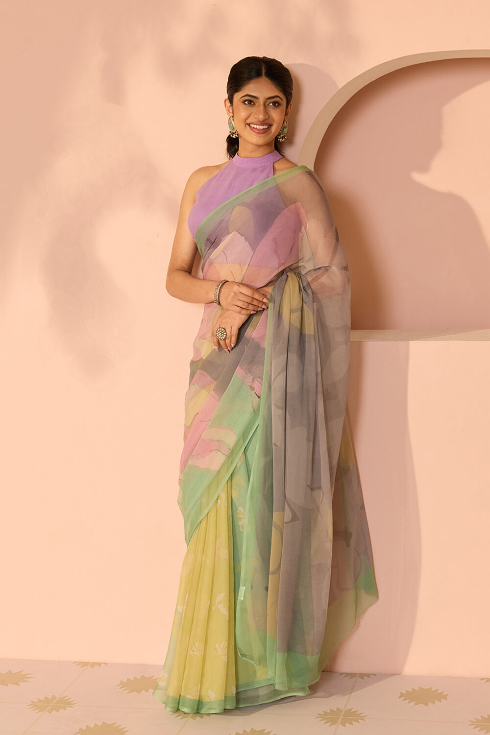 Green Printed Viscose Chiffon Saree image number null