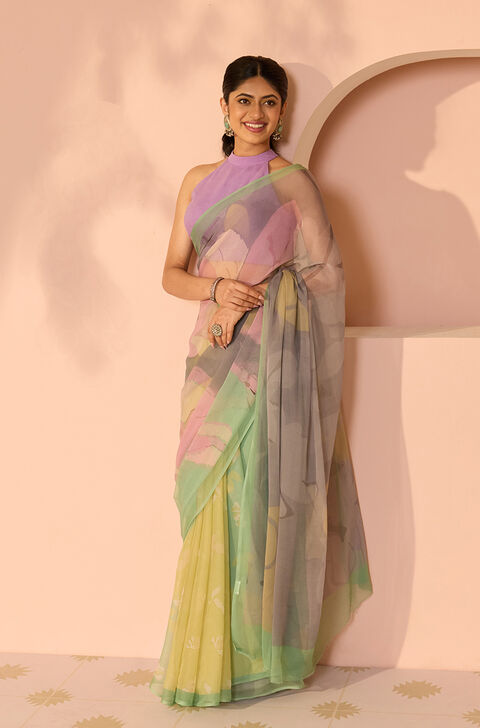 Green Printed Viscose Chiffon Saree