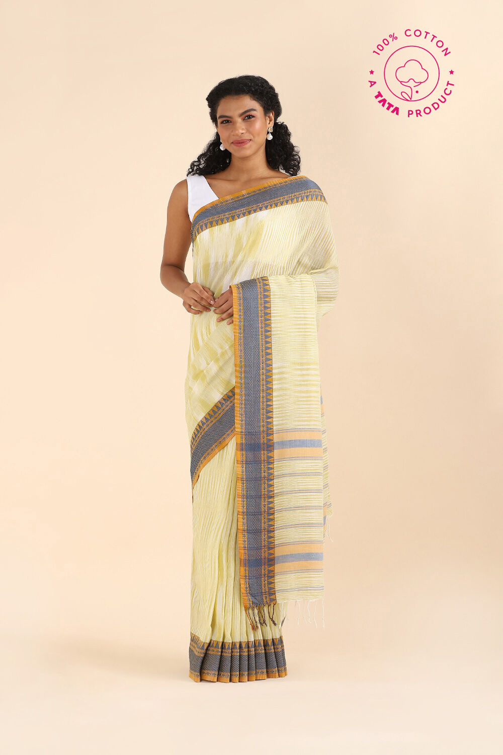 Light Pure Yellow Cotton Bengal Saree image number null
