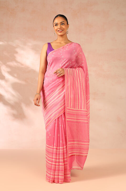 Pink Block Printed Pure Silk Cotton Chanderi Saree