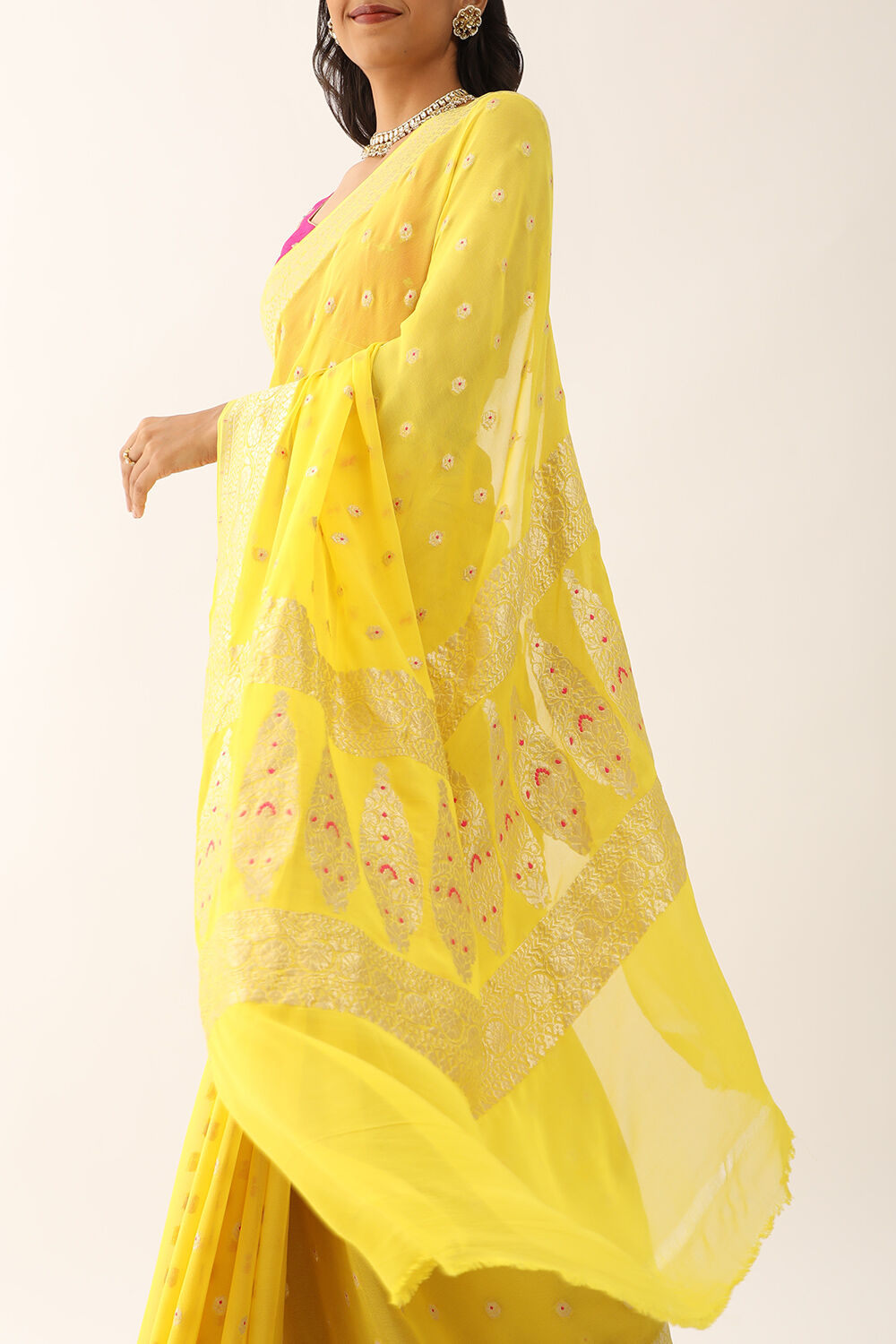 Yellow Pure Silk Georgette Woven Banarasi Saree image number null