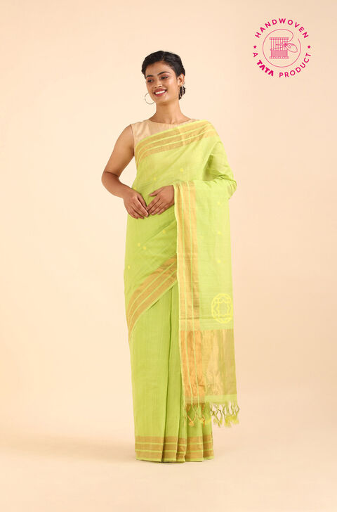 Light Green Pure Khadi Cotton Ponduru Jamdani Saree
