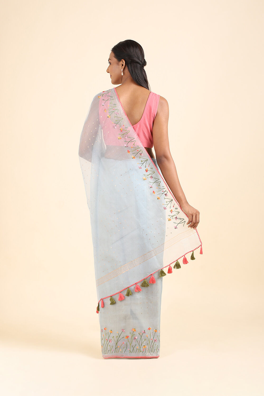 Light Blue Pure Organza Embroidered Saree image number null