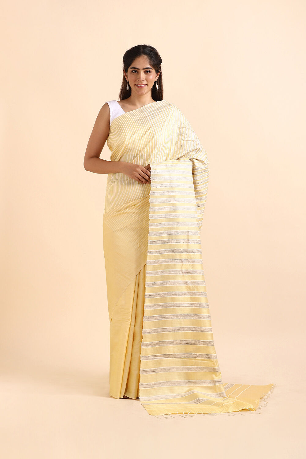 Light Pure Yellow Tussar Woven Saree image number null