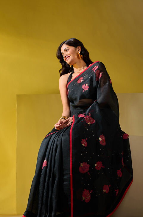Black Pure Organza Printed Embroidery Saree