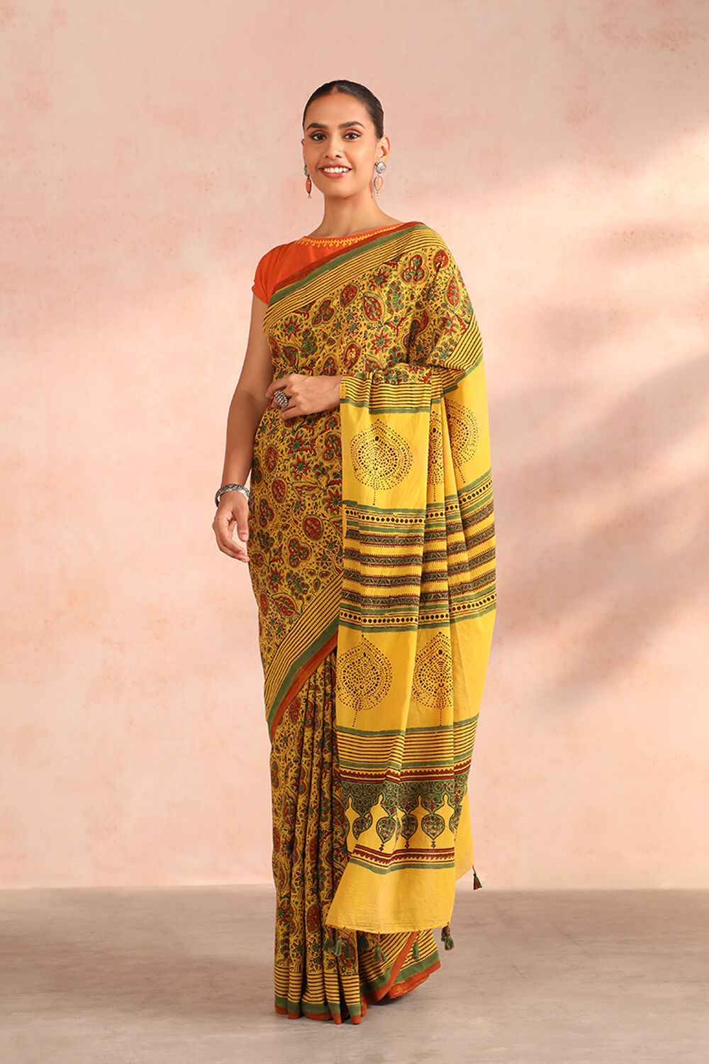 Yellow Gujarat Block Printed Pure Cotton Saree image number null