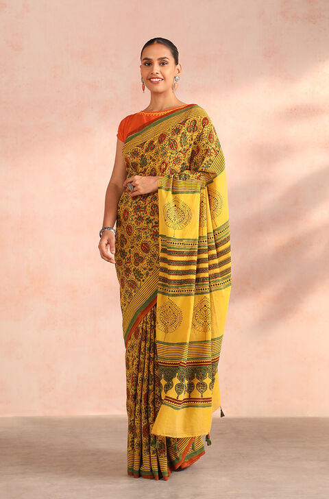 Yellow Gujarat Block Printed Pure Cotton Saree