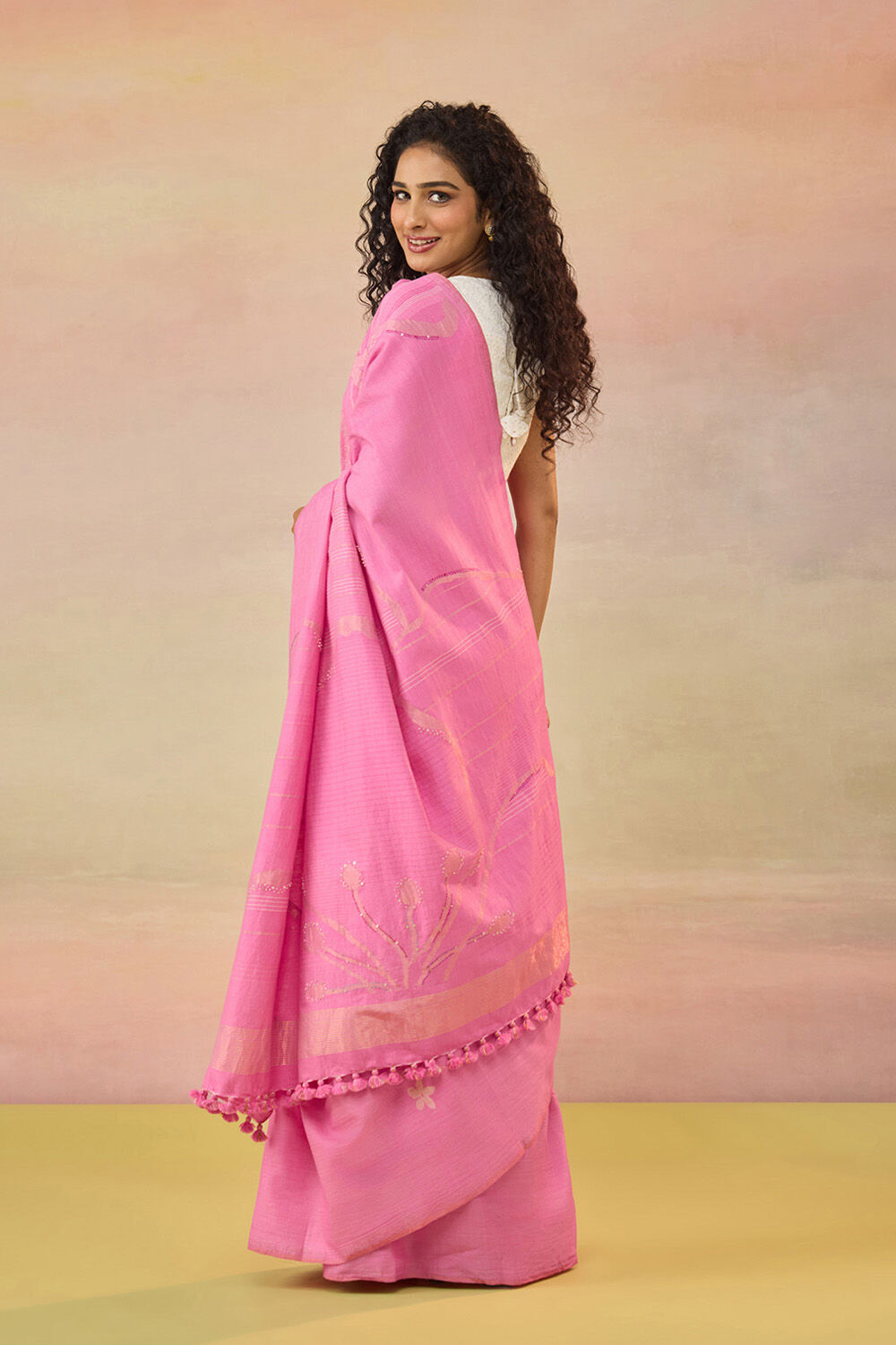 Pink Bengal Pure Tussar Cotton Jamdani Saree image number null