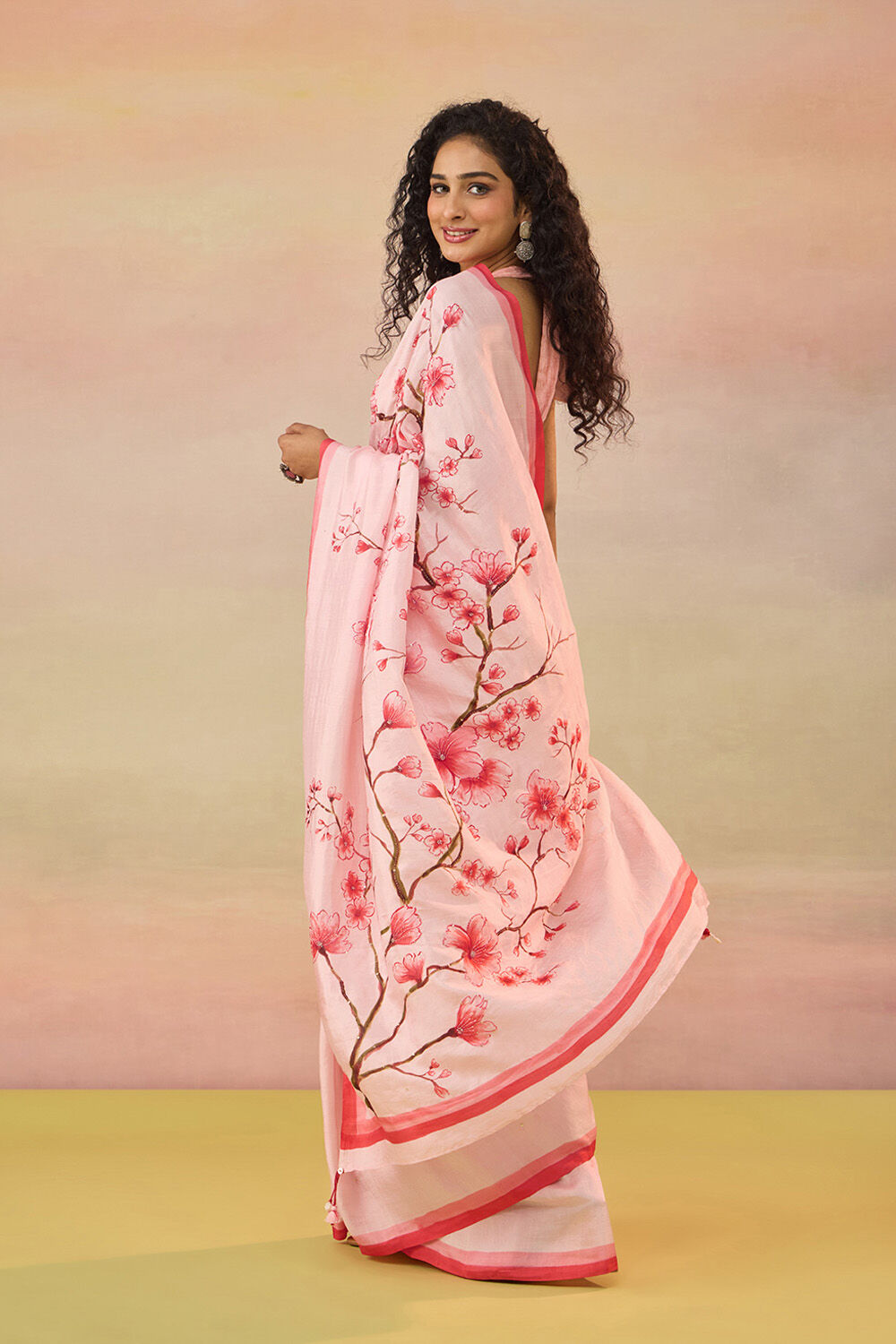 Light Pink Bengal Pure Silk Hand Painted Embroidered Saree image number null
