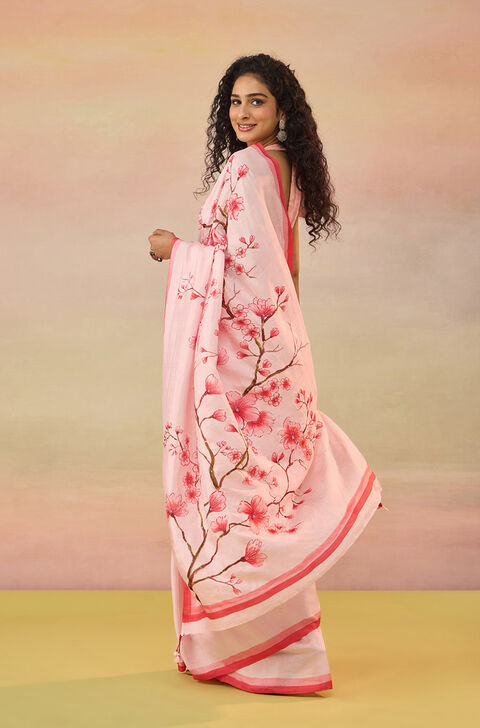 Light Pink Bengal Pure Silk Hand Painted Embroidered Saree