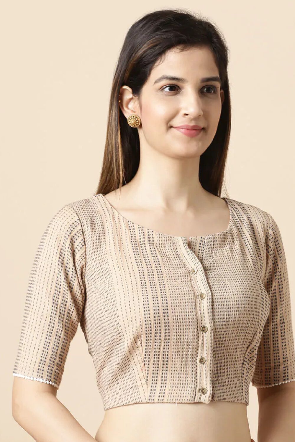 Beige Striped Cotton Blouse image number null