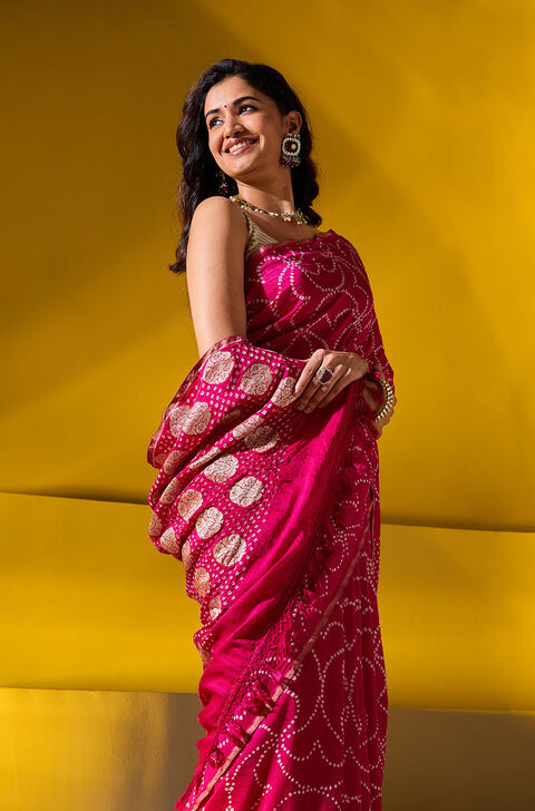 Pink Gujarat Silk Muga Tie & Dye Bandhni Saree
