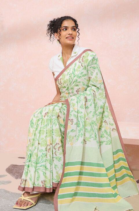Light Green Rajasthan Screen Printed Pure Cotton Saree