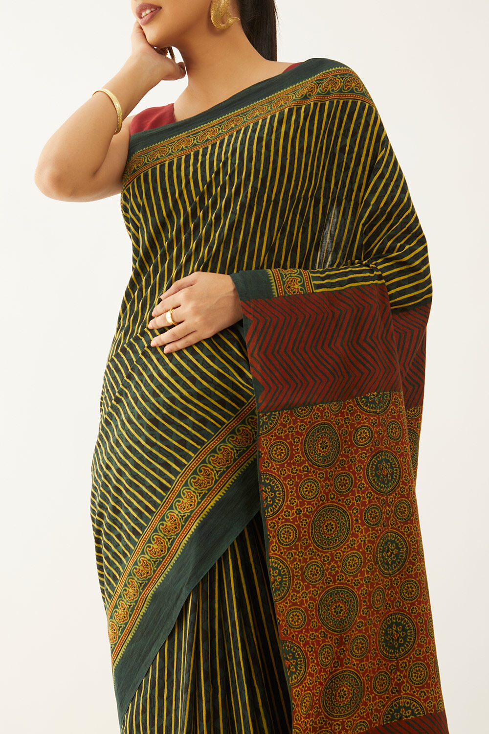 Green Pure Cotton Ajrakh Block Print Saree image number null