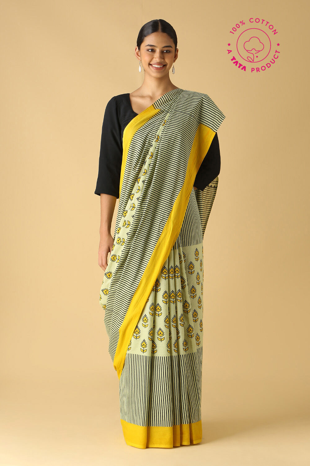 Light Green Cotton Printed Saree image number null