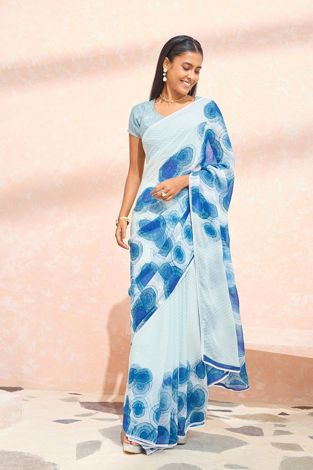Blue Printed Viscose Georgette Saree image number null