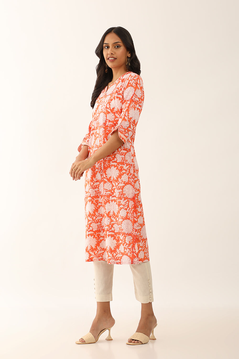 Orange Pure Cotton Sanganeri Block Printed Kurta image number null