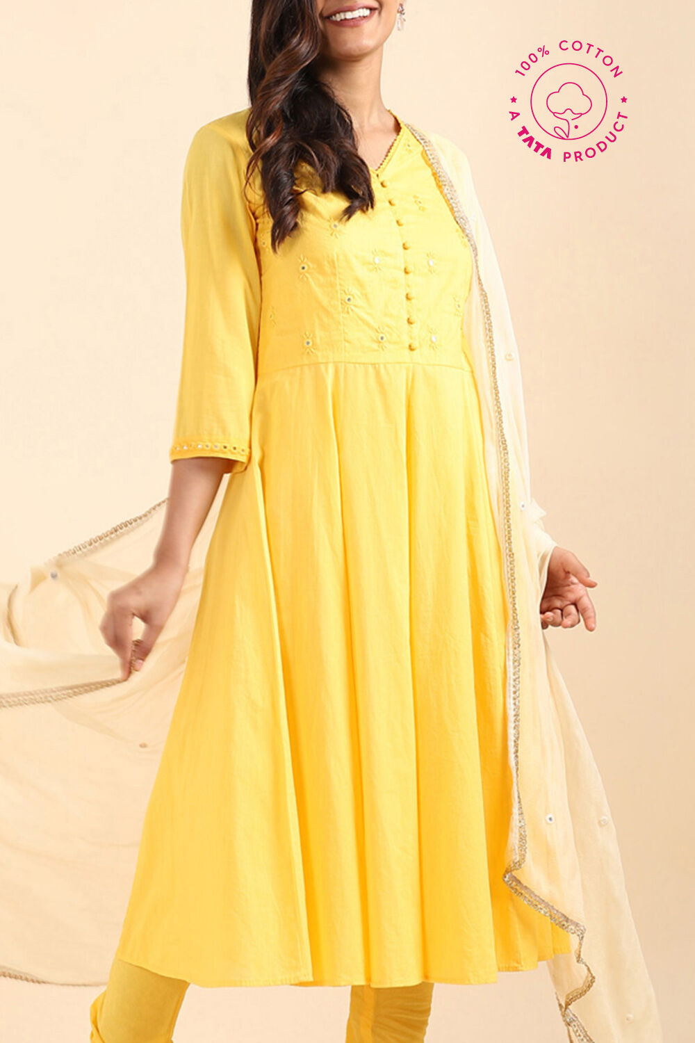 Yellow Cotton Mirror embroidered Kurta Set image number null