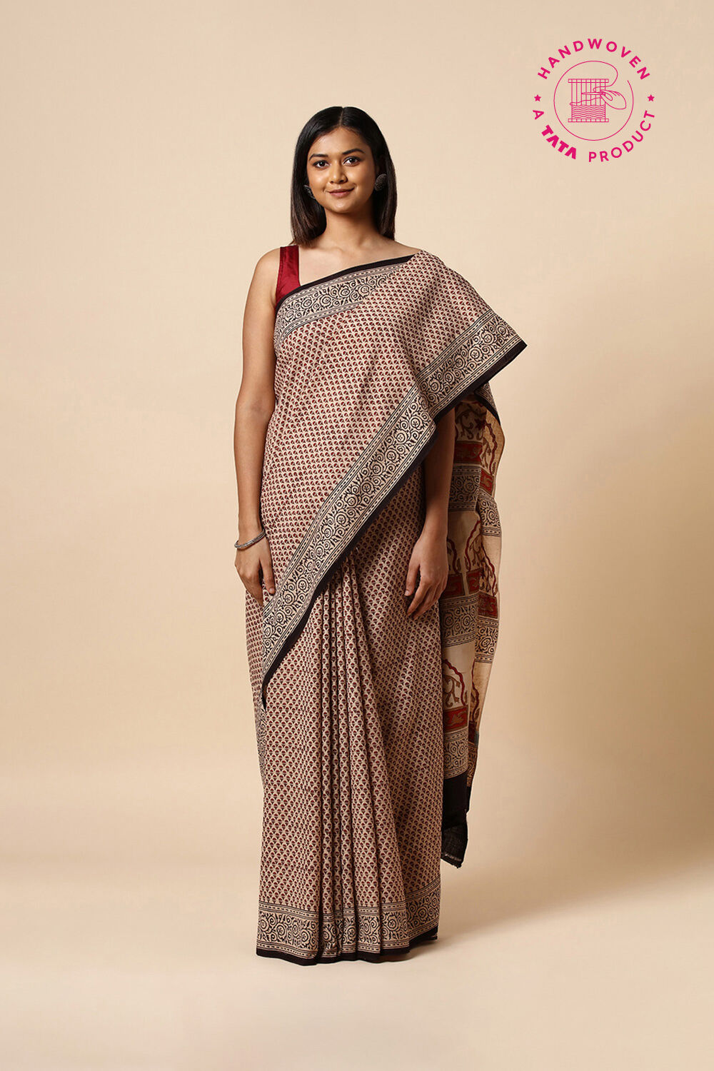 Beige Pure Khadi Cotton Bagru Printed Saree image number null