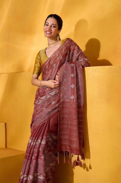 Red Tissue Linen Embroidered Saree