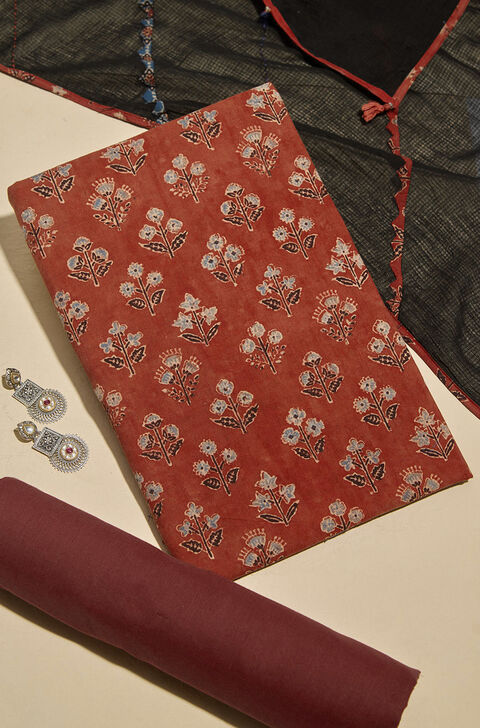 Red Pure Cotton Ajrakh Unstitched Suit Set