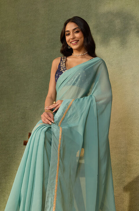 Light Blue Viscose Organza Woven Saree
