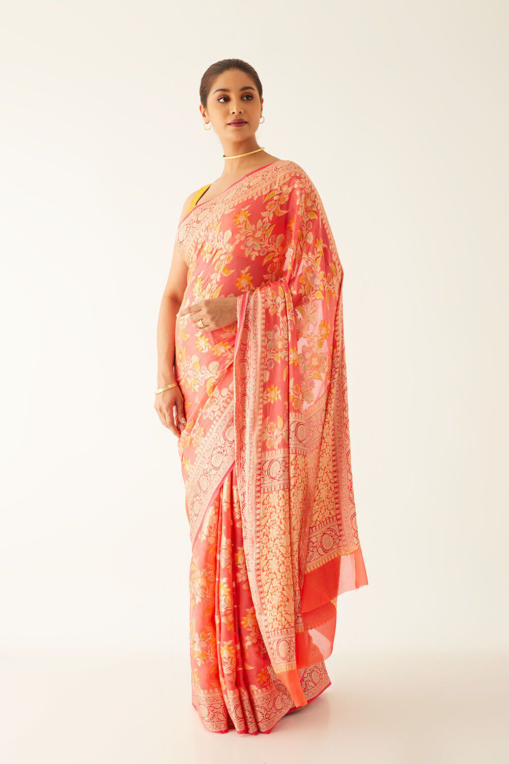 Bright Orange Pure Georgette Handloom Banarasi Saree