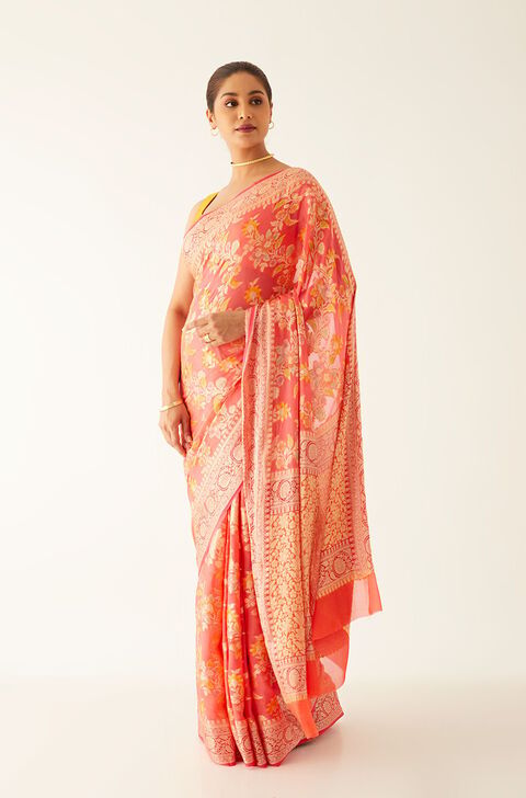 Pink Pure Georgette Banarasi Brocade Saree