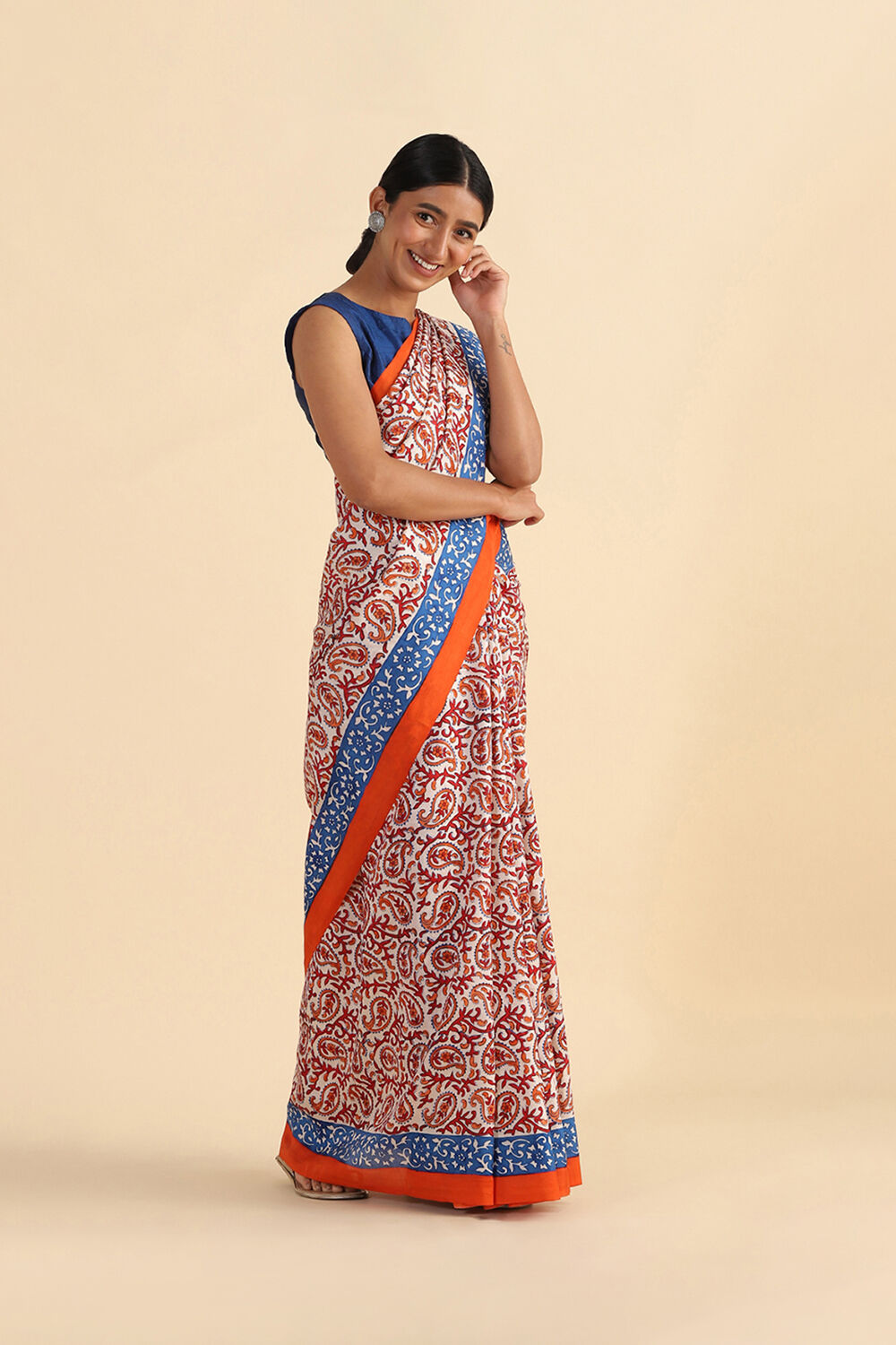 Offwhite Hand Blockprinted Pure Silk Saree image number null