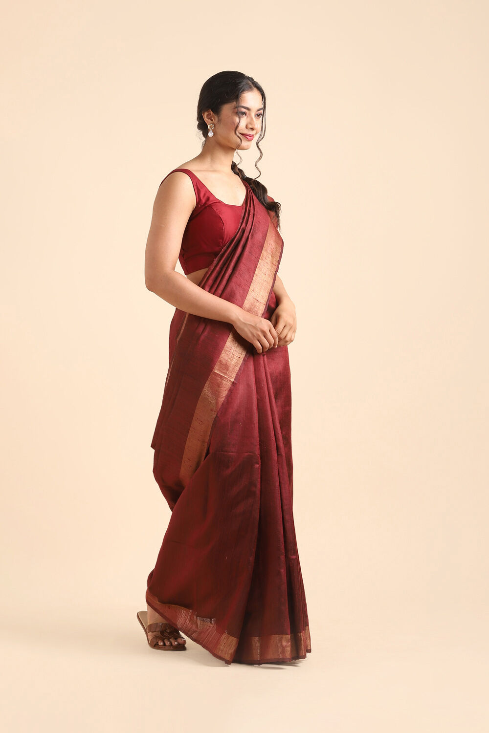 Dark Red Pure Tussar Silk Bhagalpuri Saree image number null
