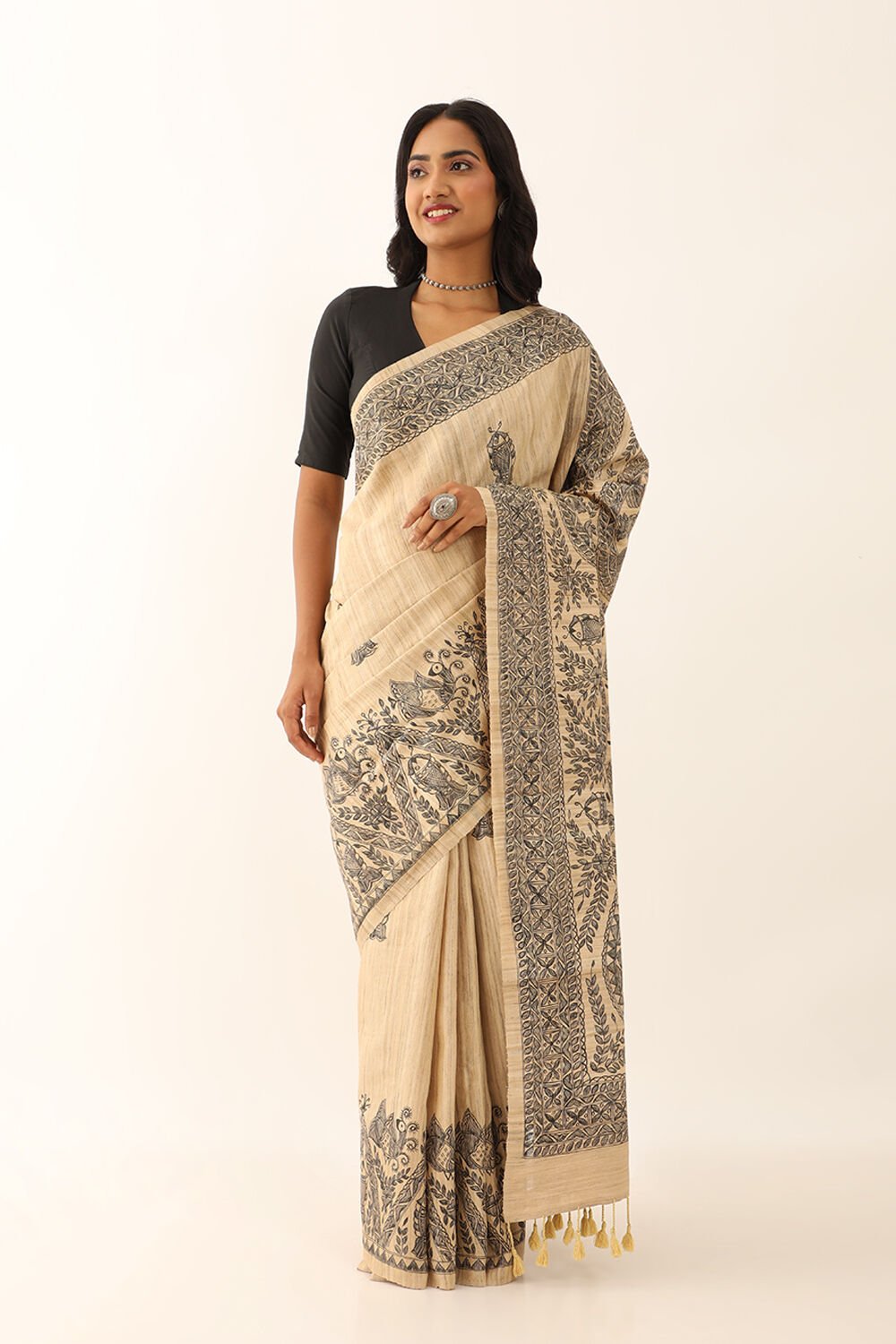 Beige Pure Silk Tussar Hand Painted Madhubani Saree image number null