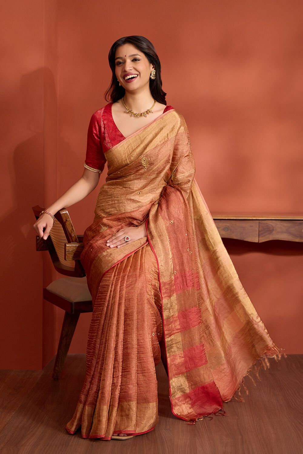 Dark Orange Pure Silk Tissue Embroidered Saree image number null