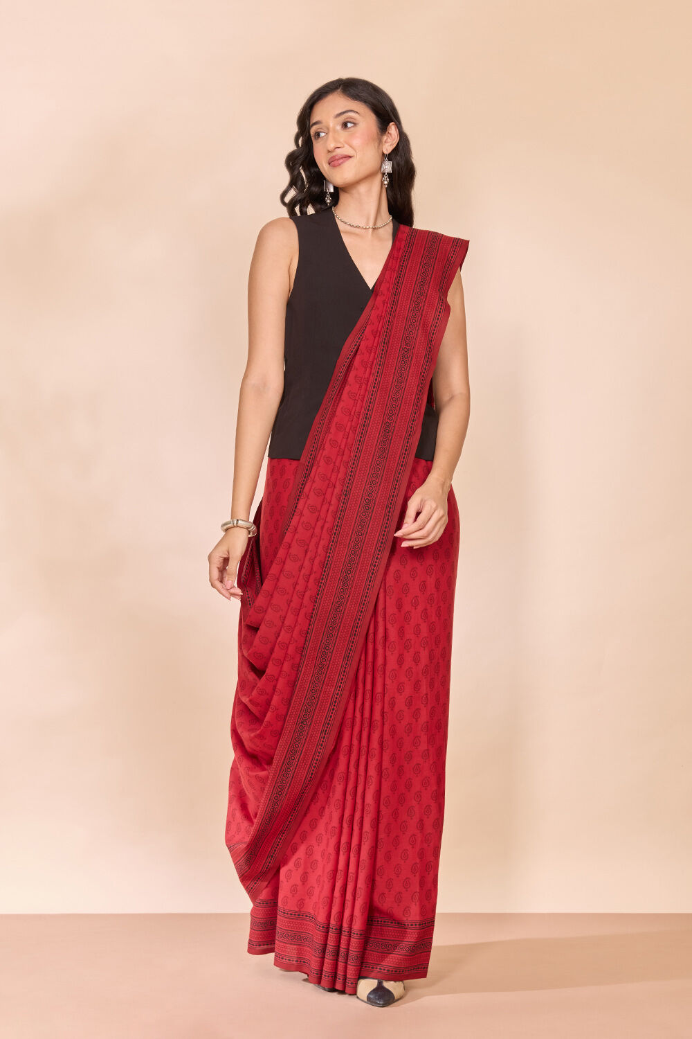 Red Bagh Block Printed Pure Cotton Saree image number null