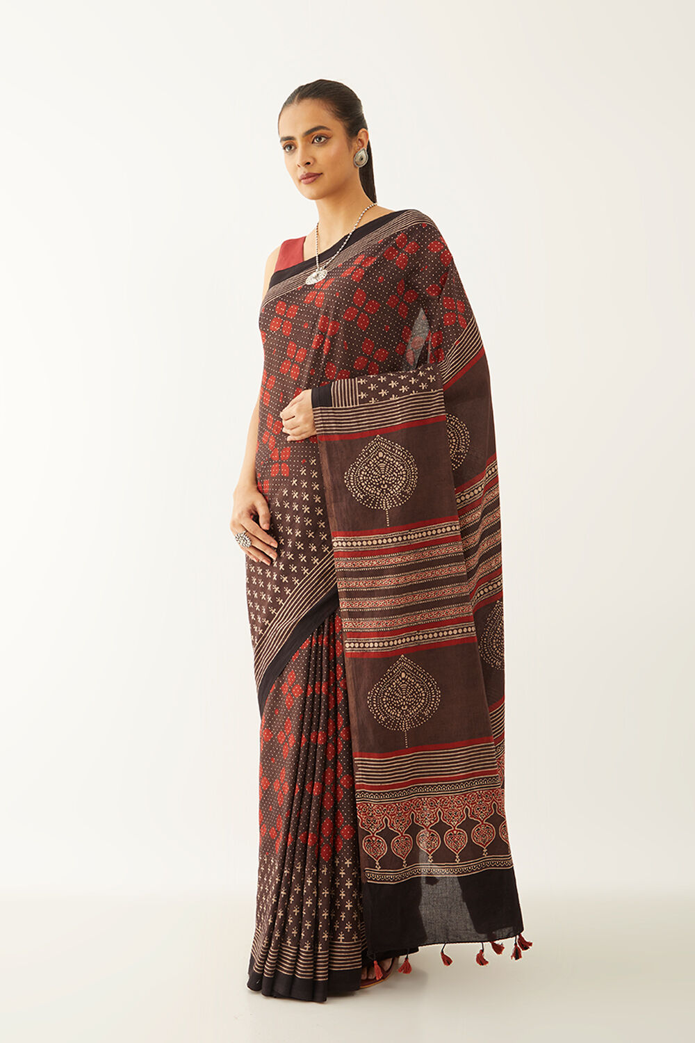 Maroon Pure Cotton Ajrakh Block Print Saree image number null