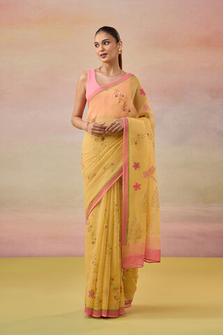 Yellow Hand Painted Embroidered Pure Kota Bengal Saree image number