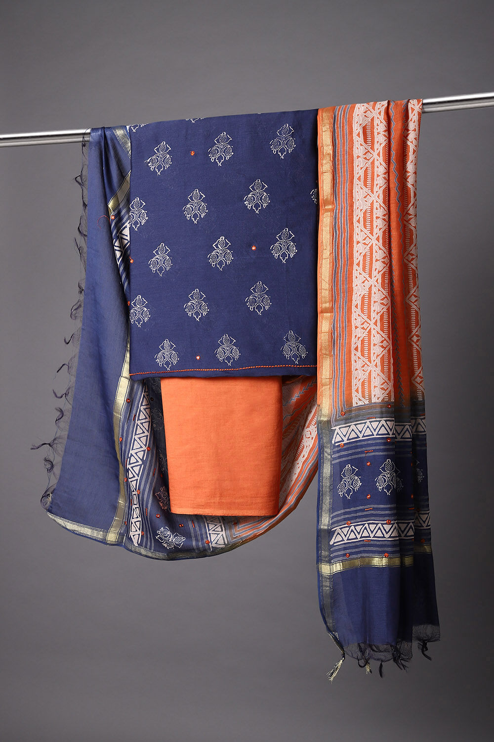 Blue Embroidered Silk Cotton Suit image number null