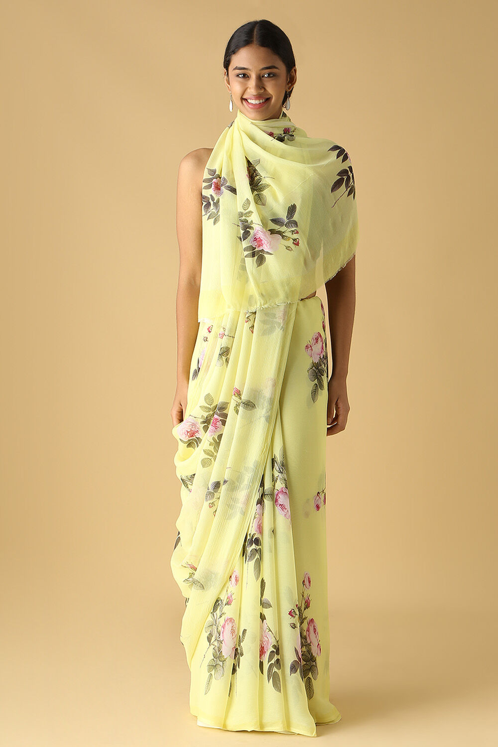 Light Yellow Pure Chiffon Digital Printed Saree image number null