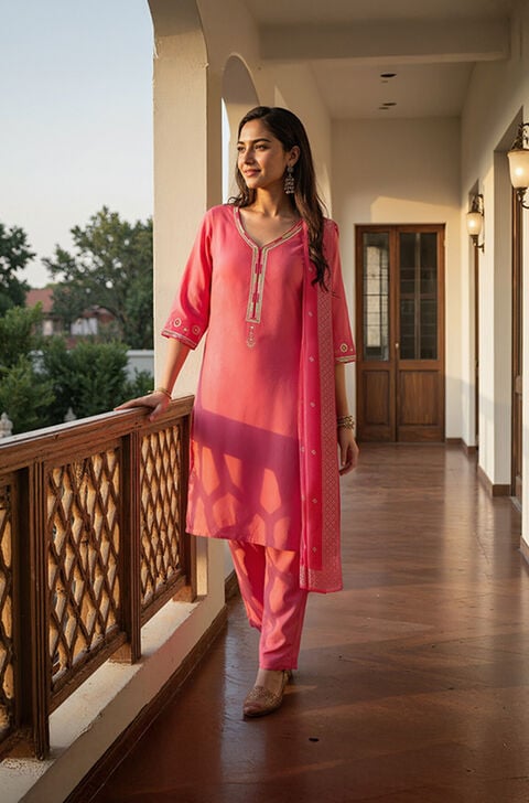Pink Embroidered Pure Viscose Kurta Set