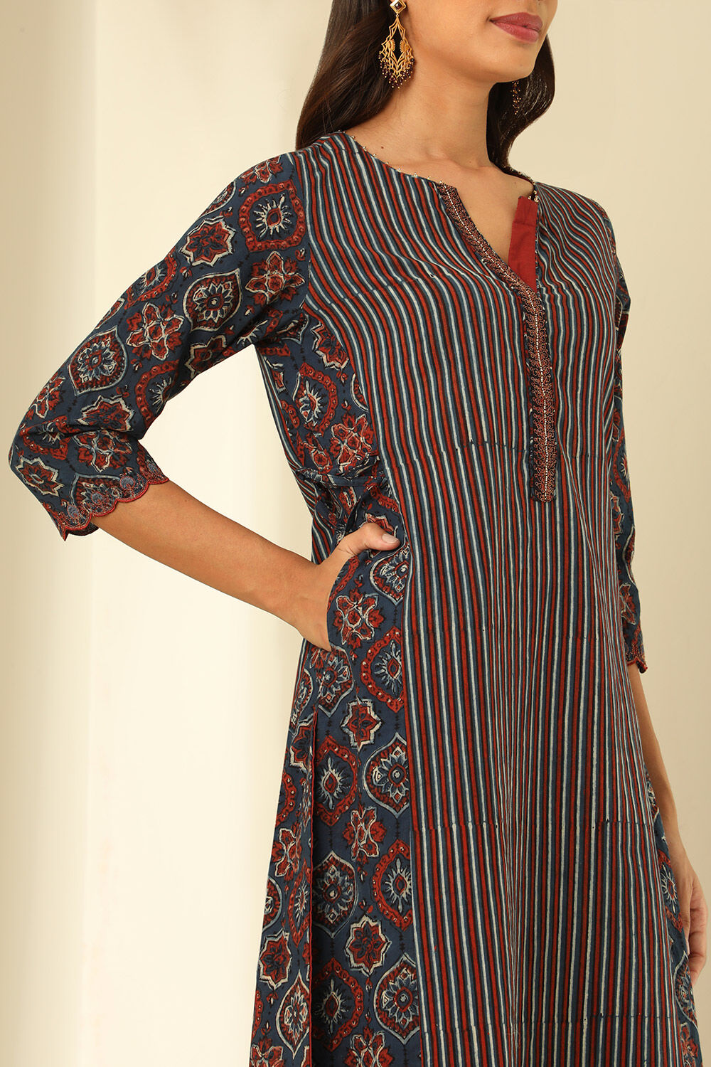 Blue Cotton Printed Kurta image number null