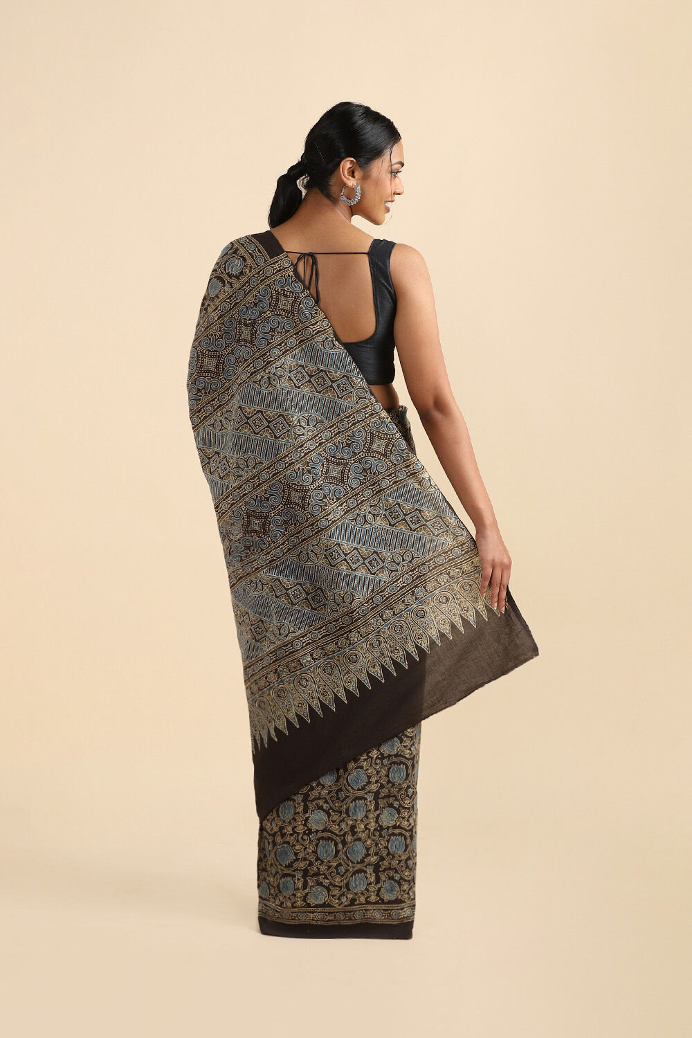 Black Pure Cotton Ajrakh Printed Saree image number null