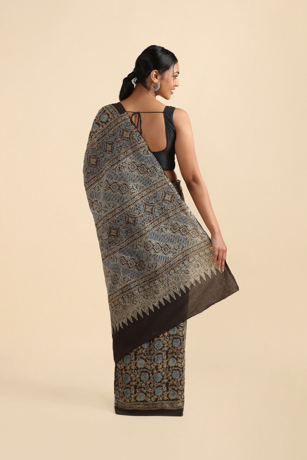 Black Pure Cotton Ajrakh Printed Saree image number null