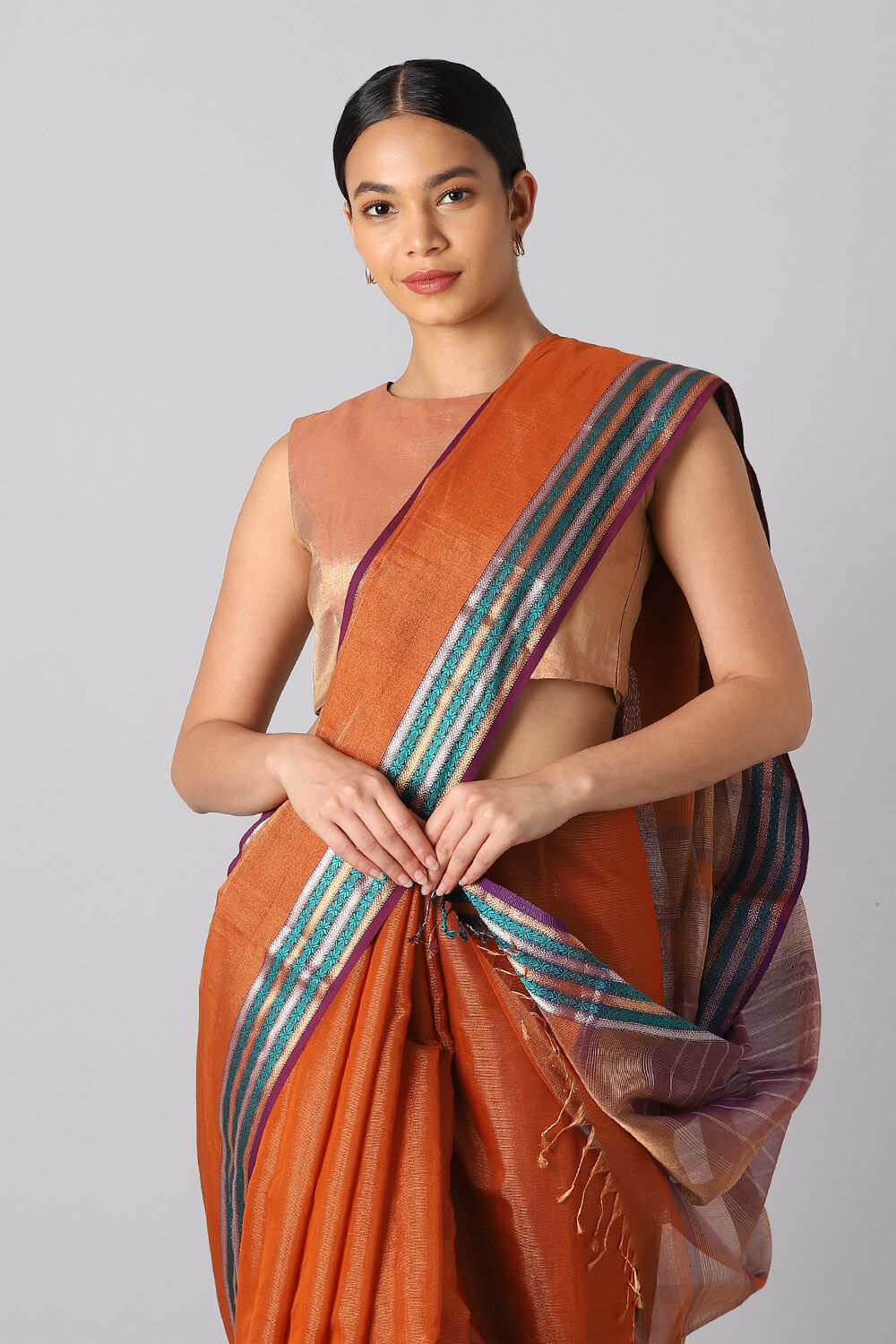 Dark Orange Pure Cotton Tissue Maheswari Saree image number null