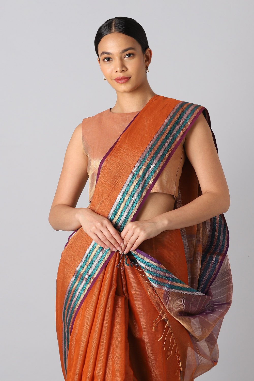 Dark Orange Pure Cotton Tissue Maheswari Saree image number null