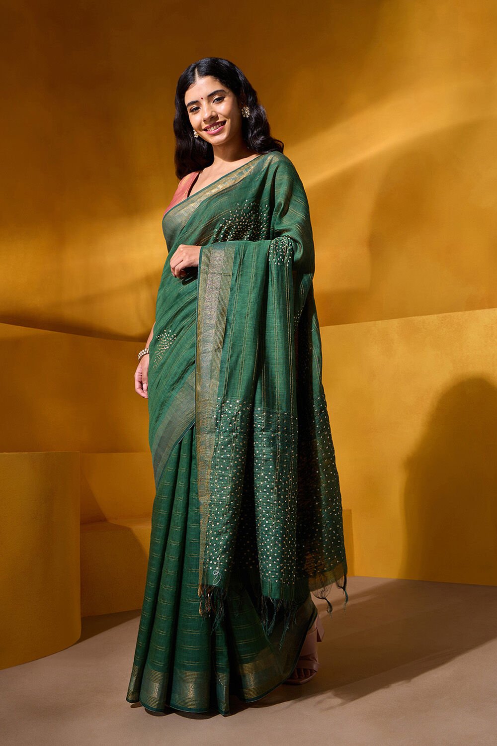 Dark Green Pure Silk Sequin Saree image number null